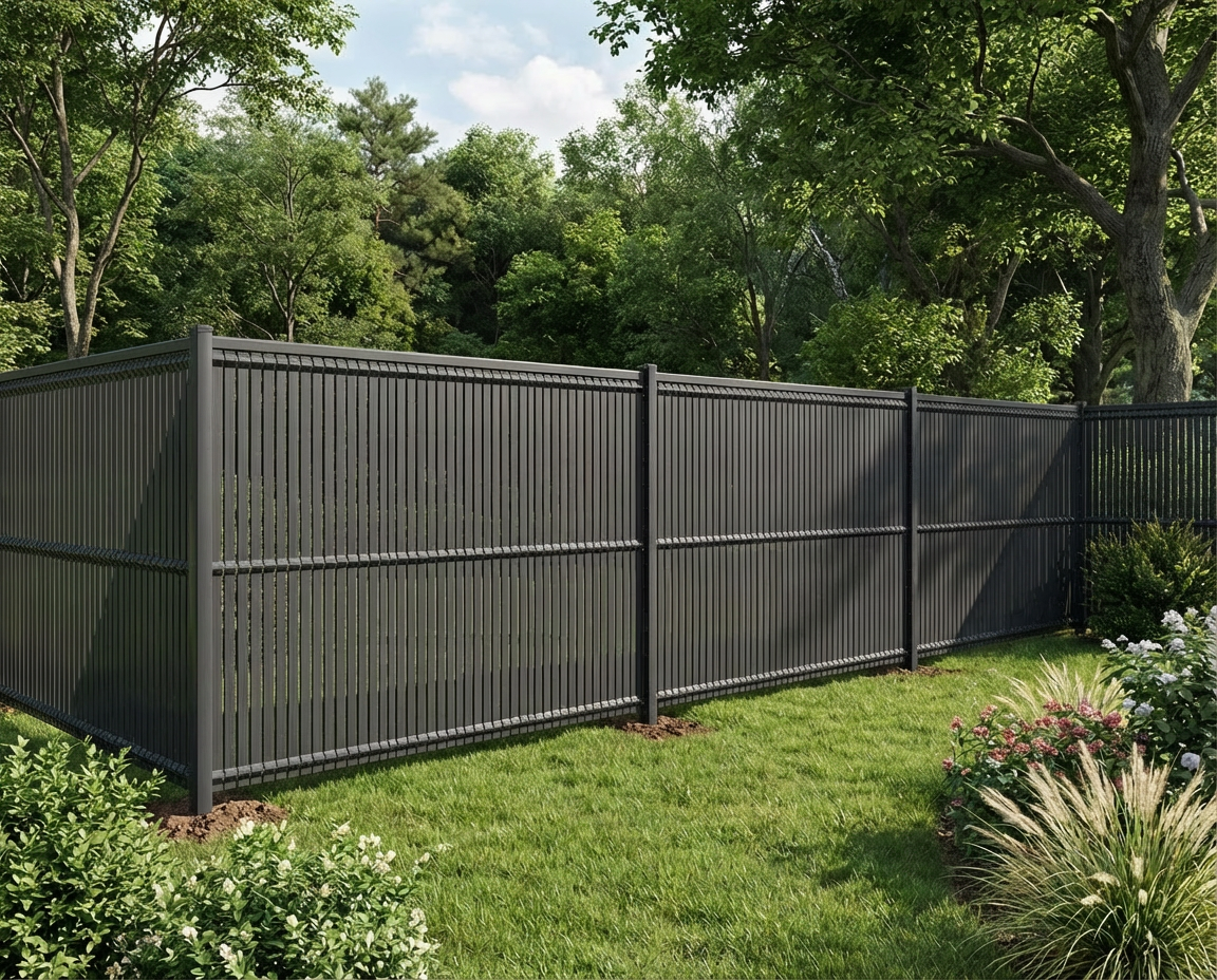 Clôture rigide anthracite avec kit d’occultation PVC dans un jardin