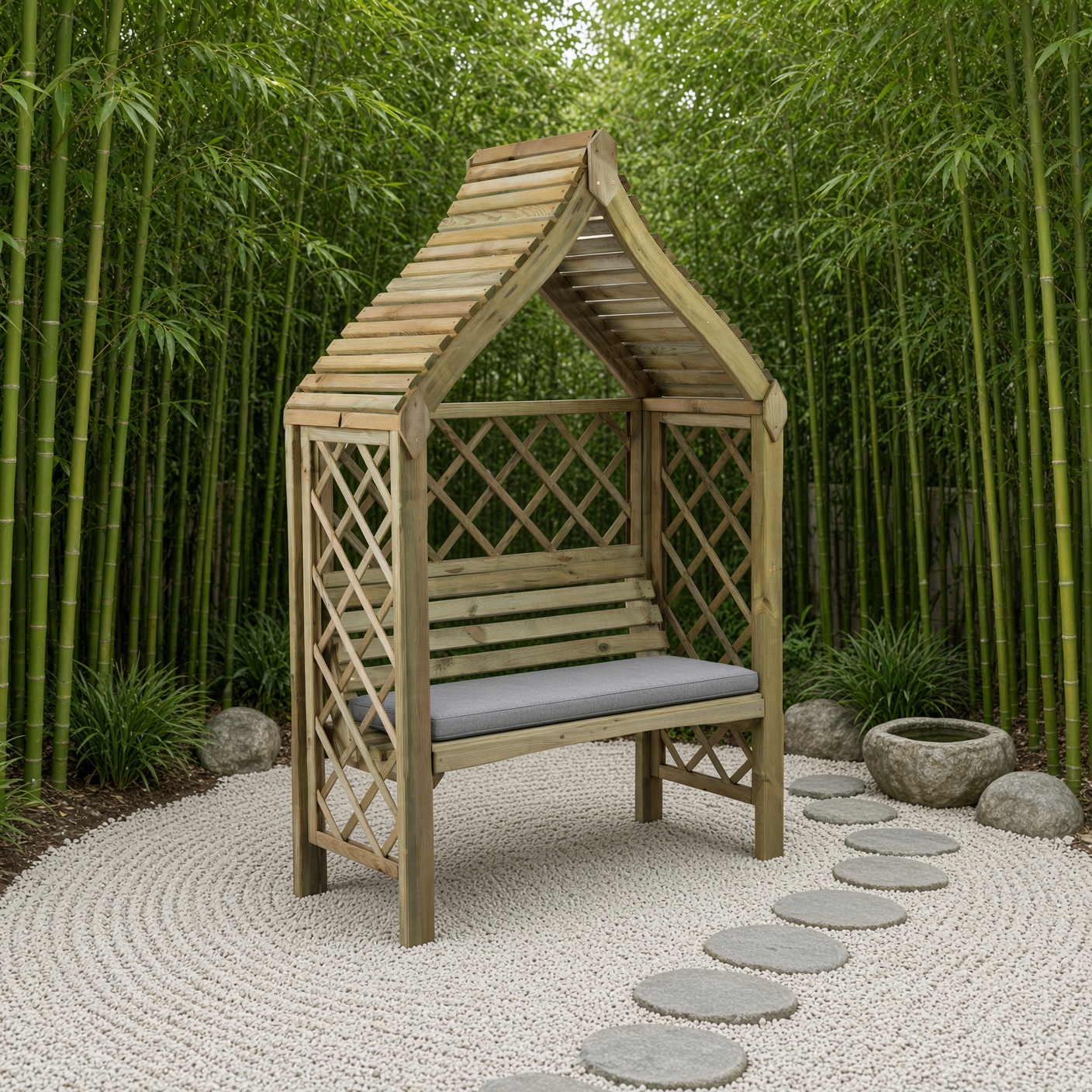 Arche-banc à toit pagode « Lotus » – exemple d’aménagement