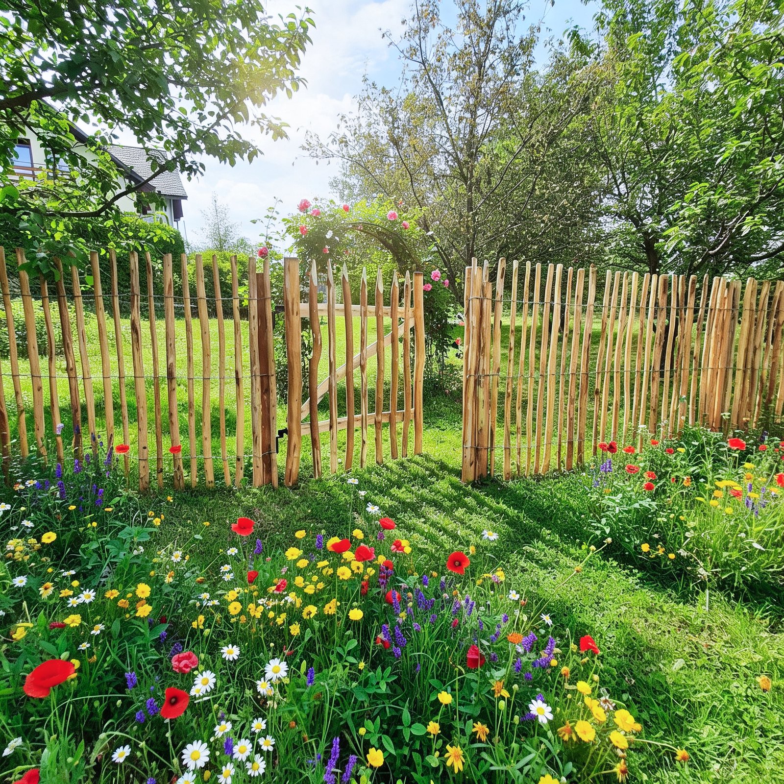 Clôture ganivelle en noisetier avec portillon dans un jardin fleuri