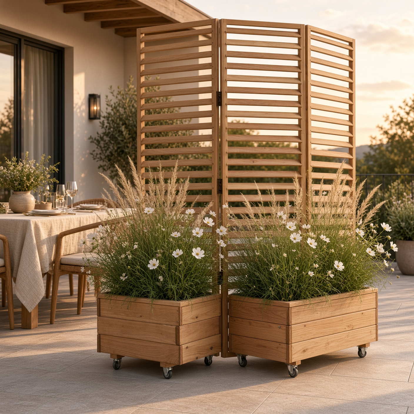 Jardinière-paravent en mélèze « Persienne » – exemple d’aménagement