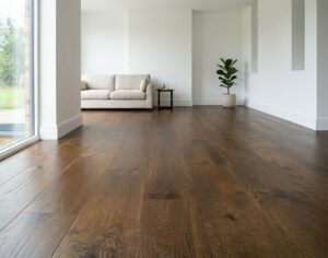 Parquet contrecollé chêne rustique fumé 14x190 mm dans un salon lumineux (visuel d'ambiance)