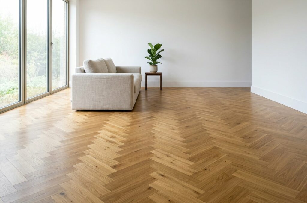 Parquet contrecollé chêne posé en bâton rompu dans un salon lumineux (visuel d'ambiance)